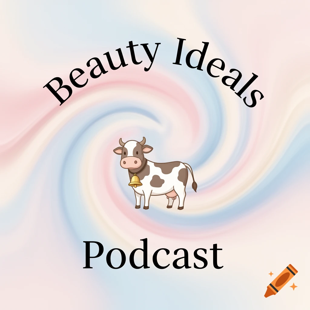 Cartoon cow with a bell on a pastel swirled background, with text 'Beauty Ideals Podcast'.