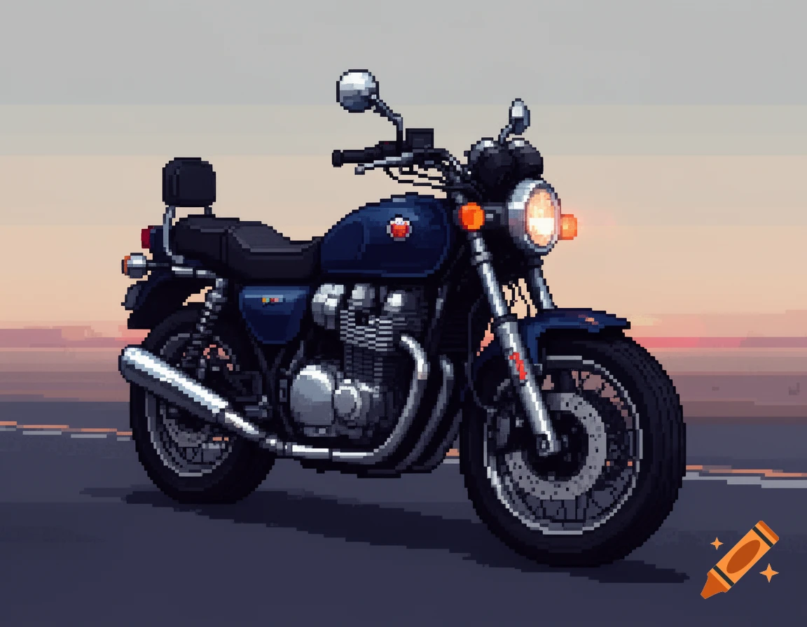 A dark blue pixel art motorcycle with its headlight on, parked on a road against a sunset-colored sky.