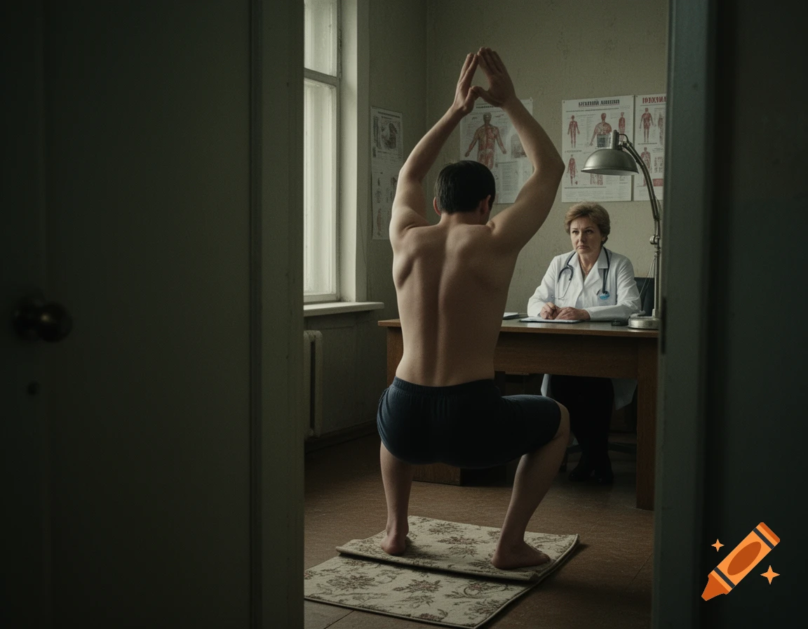 A shirtless man in shorts performs squats with raised arms, viewed from behind, as a female doctor watches from her desk in a dimly lit office. Russian drama style.