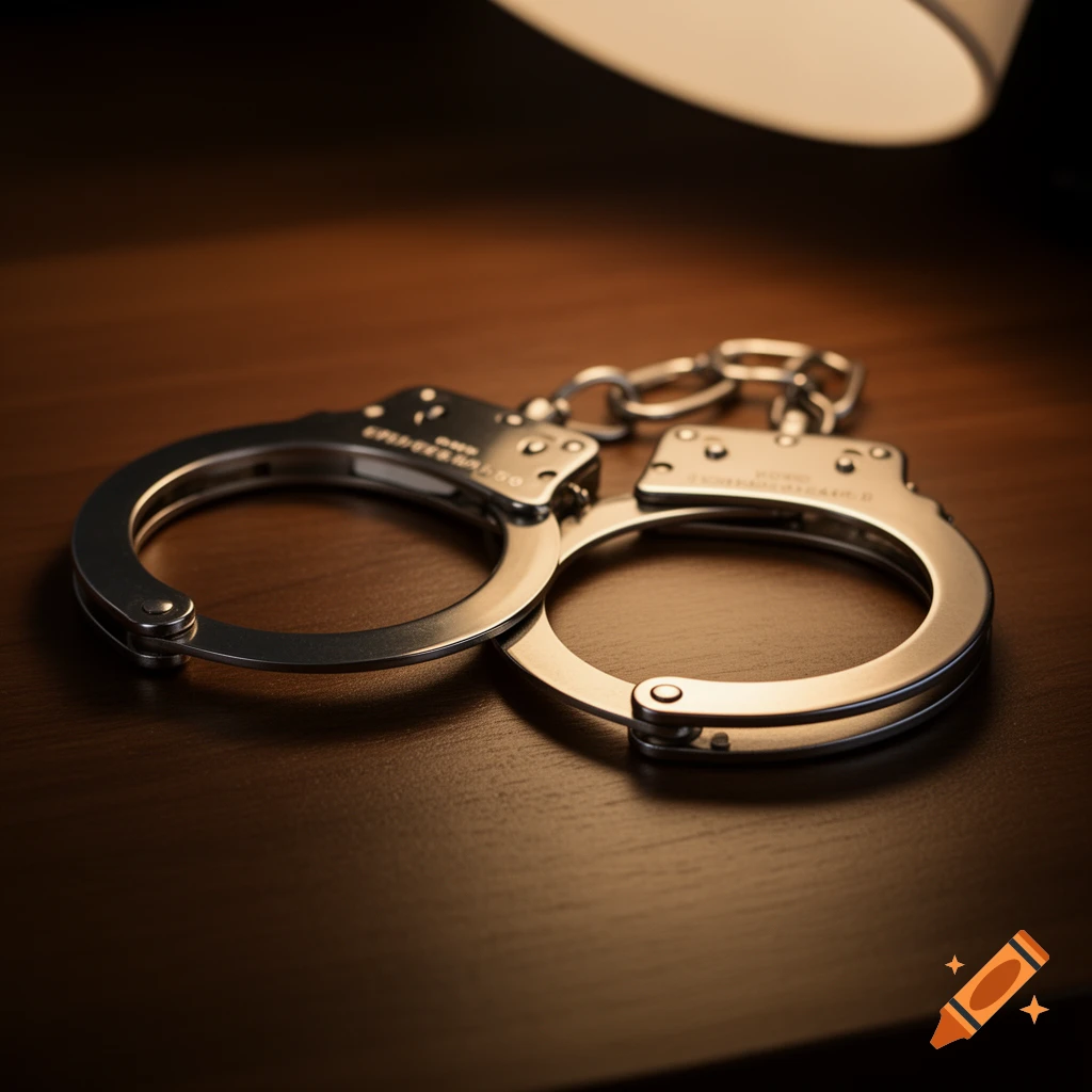 Photorealistic close-up of shiny metal handcuffs resting on a dark wooden table, lit by a warm overhead light.