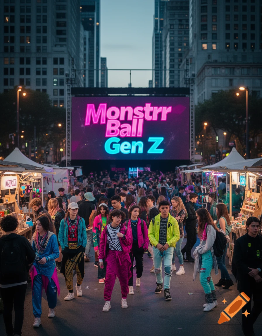 A crowded street event at dusk with people walking past vendor stalls, centered around a large screen displaying "Monstrr Ball Gen Z" in neon colors.