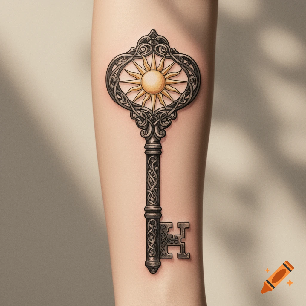 Elegant key tattoo with a sun symbol in its ornate head, on a forearm.
