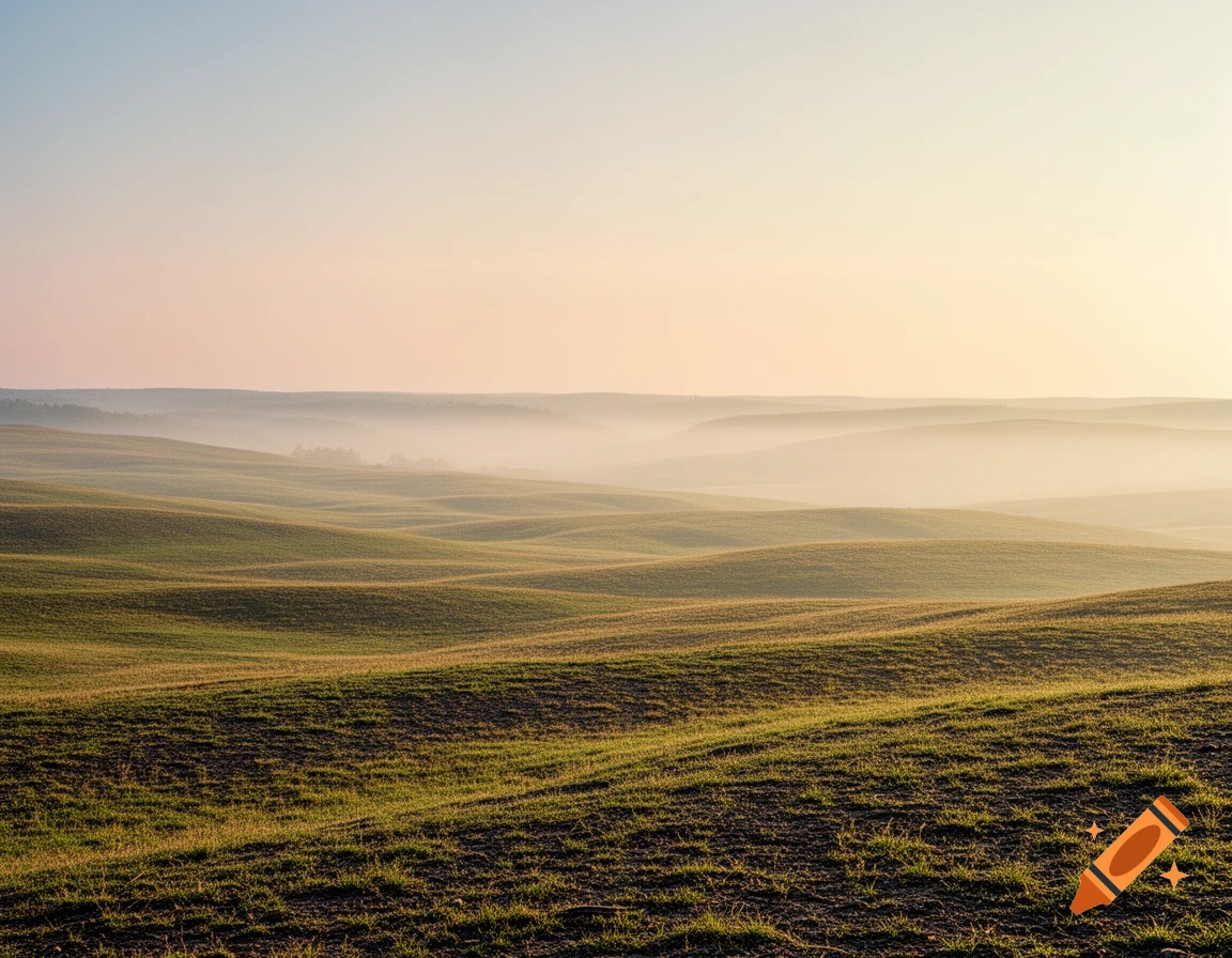 Serene landscape of rolling green hills partially obscured by atmospheric mist under a warm, diffused sky.