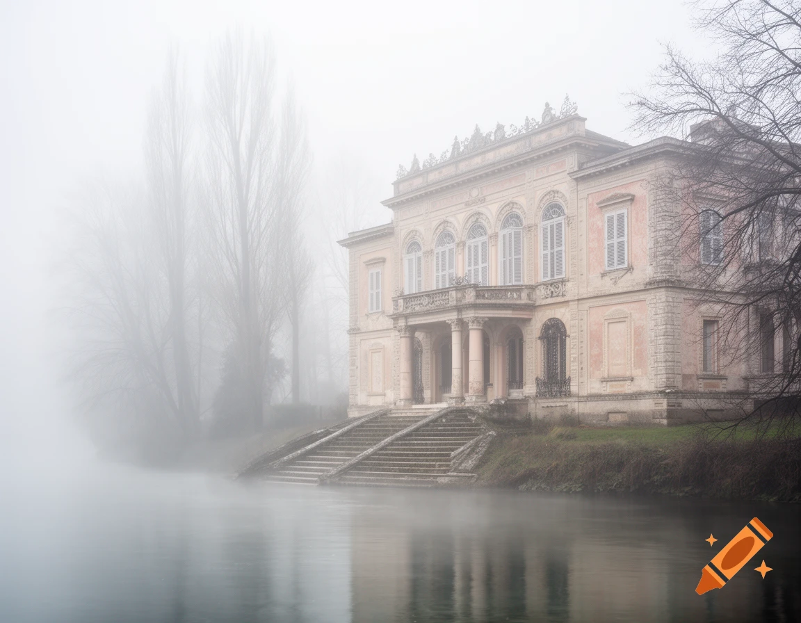 An old, ornate villa stands by a still river, shrouded in dense fog, with tall bare trees barely visible in the misty background.