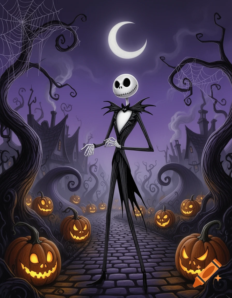 Jack Skellington stands on a path with glowing jack-o'-lanterns and spooky trees under a crescent moon in a gothic cartoon style.