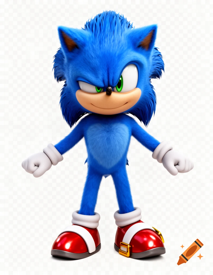 A full-body 3D render of Sonic the Hedgehog in a T-pose, with a mischievous smirk, on a transparent background.