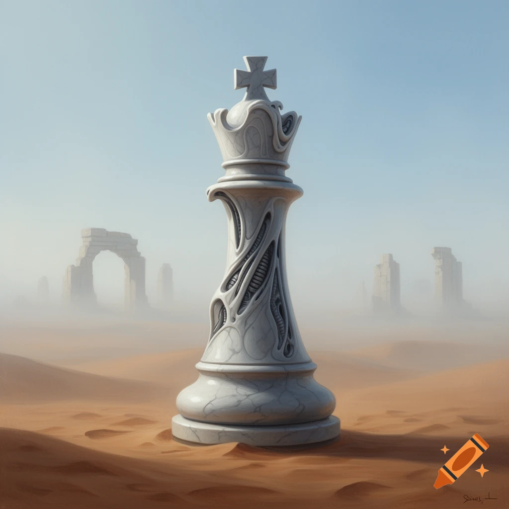 A large, surreal white chess king with biomechanical texture and a melting crown stands in a dreamlike desert with distant ruins.