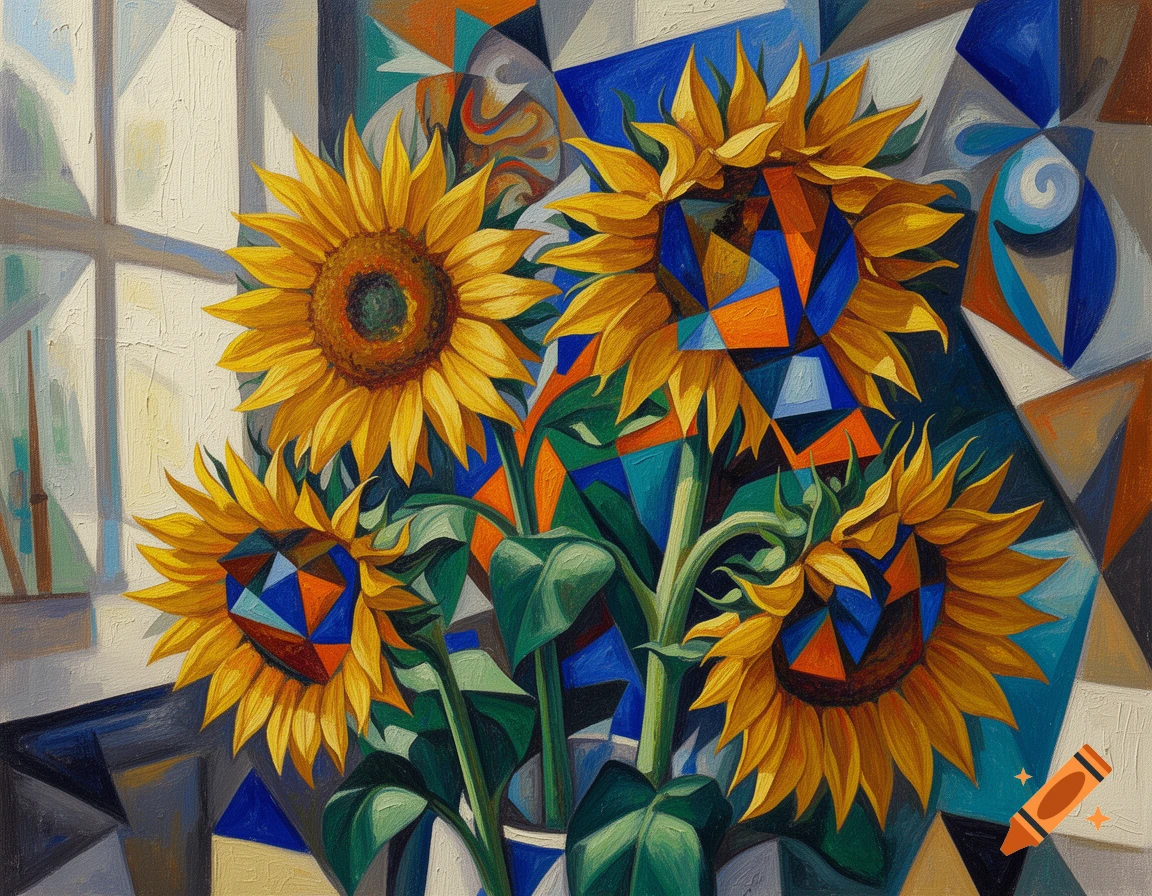Cubist painting of bright yellow sunflowers in a vase by a window, with geometric shapes.