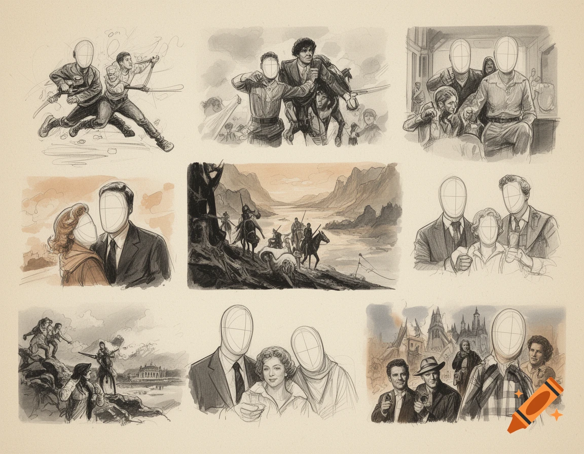 A collage of hand-drawn pencil sketches depicting various movie scenes, with all character faces replaced by blank, oval outlines with guide lines.