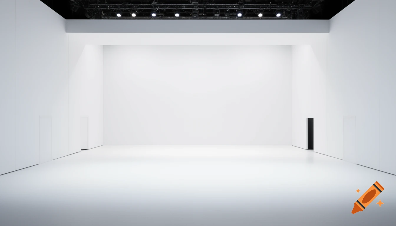 A minimalist white stage with hidden entrances and overhead lighting, creating an endless, seamless limbo-like space.
