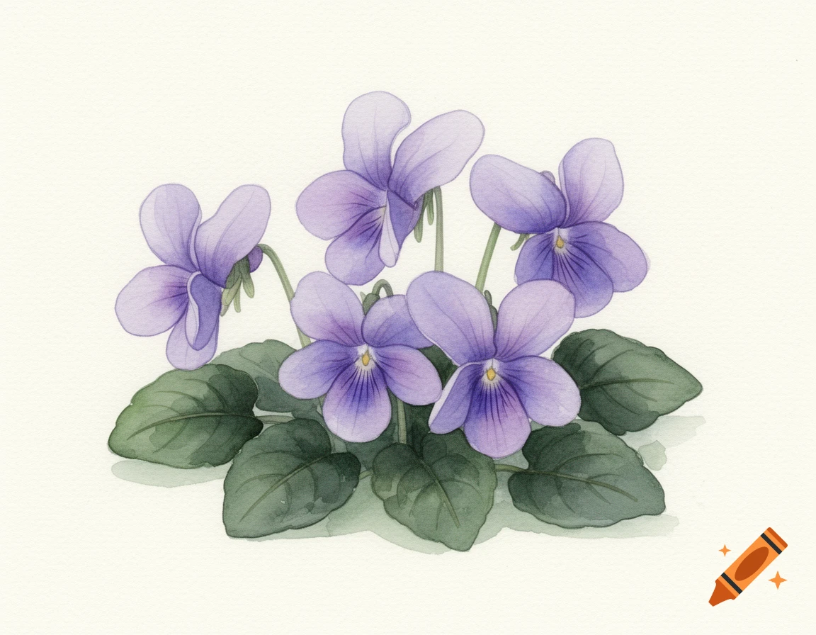 A delicate watercolor painting features a cluster of purple violets with green leaves on a light background.