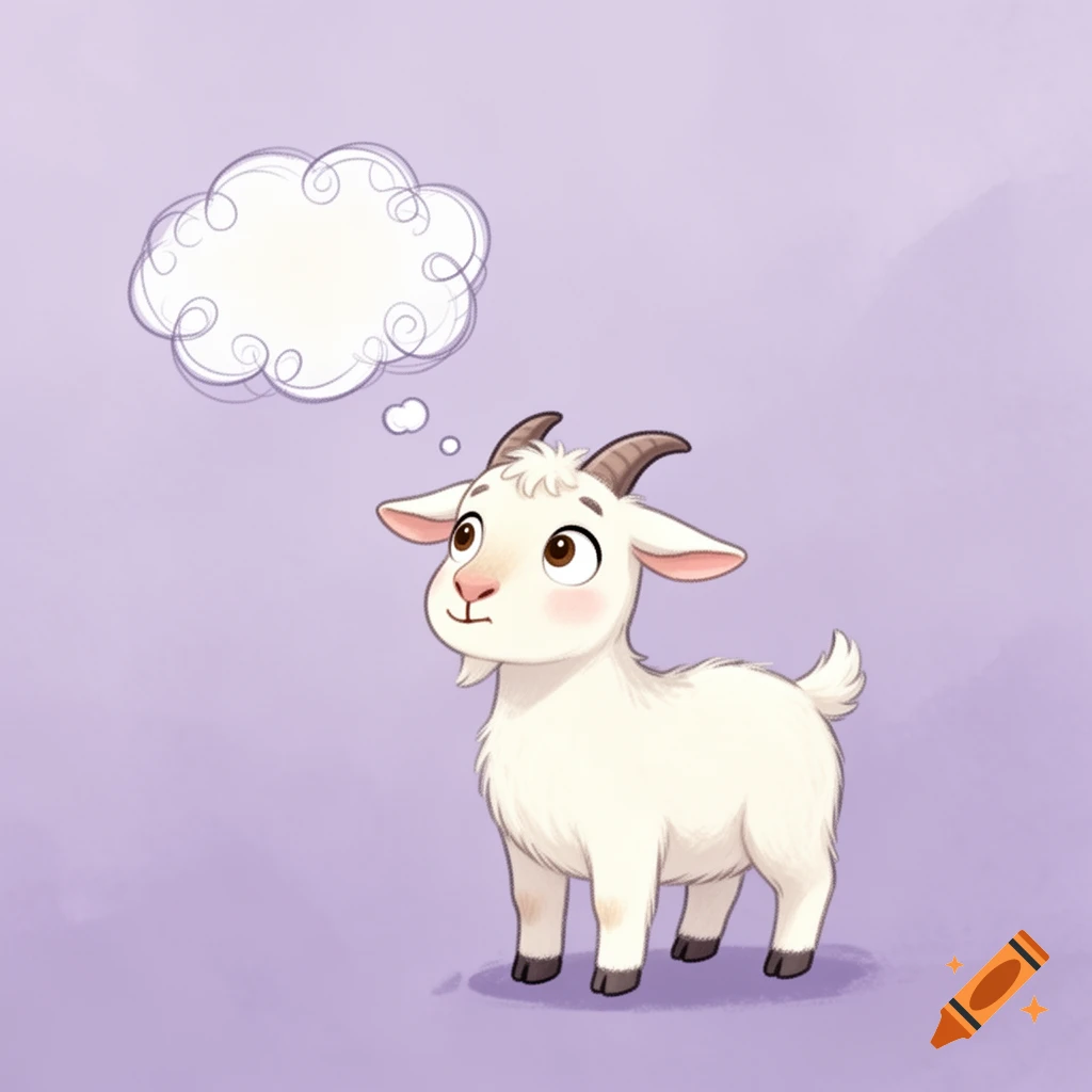 A cute, thoughtful cartoon goat with a thinking bubble on a minimalist purple background.