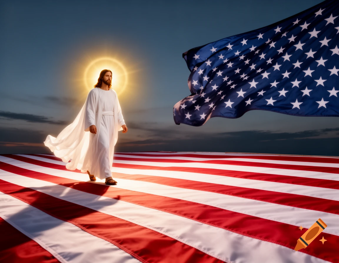 Jesus, with a golden halo, walks on a vast American flag laid flat, with the star section waving against a dark sky.