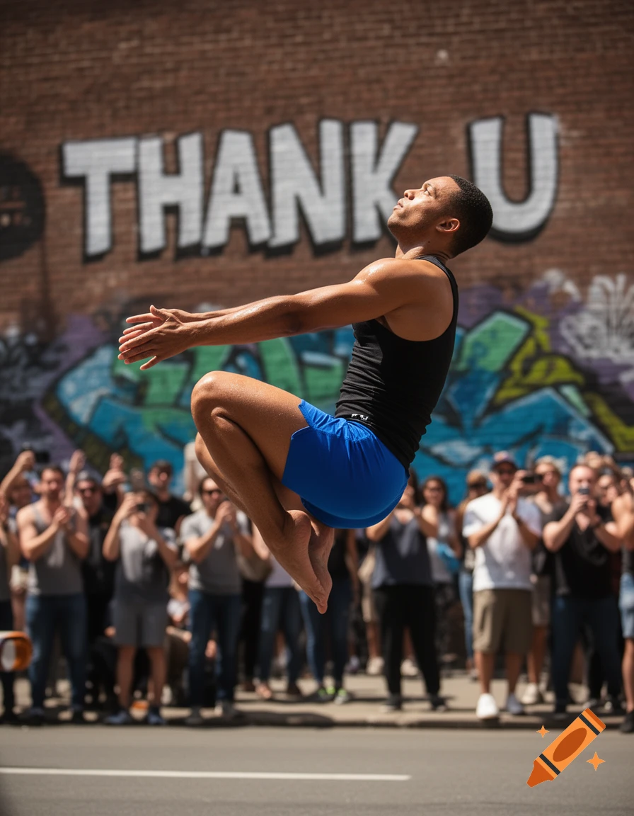A man in black tank top and blue shorts jumps mid-air, with 'THANK U' graffiti on a brick wall and a blurred crowd in the background.
