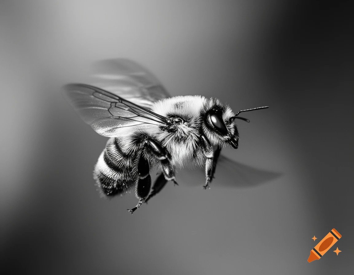 A detailed black and white close-up photo of a fluffy bumblebee flying against a blurred background.