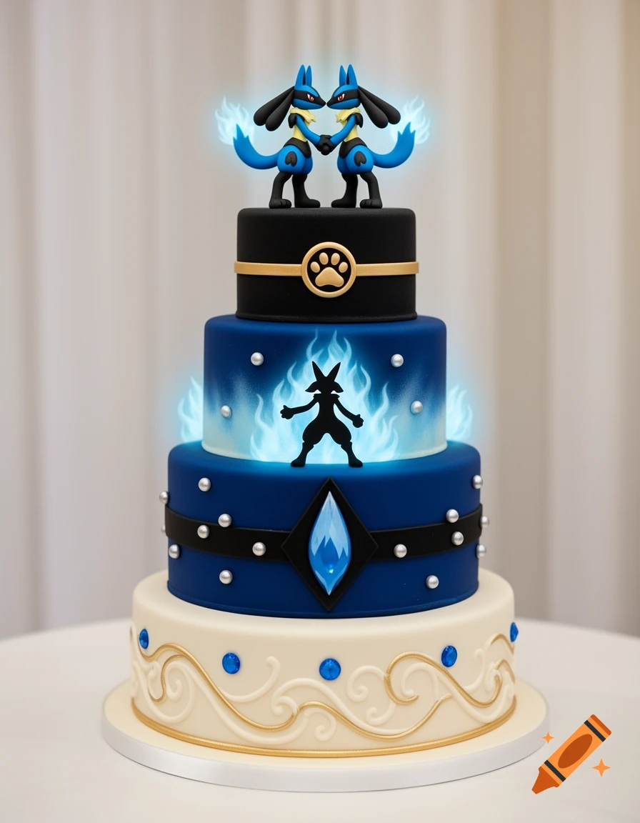 A four-tier wedding cake decorated with blue and black fondant. Two Lucario figures stand on top, glowing with blue aura.