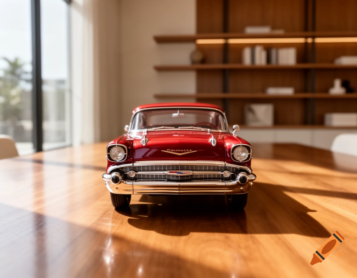 A close-up, front view of a red vintage Chevrolet model car on a shiny wooden table in a well-lit room.
