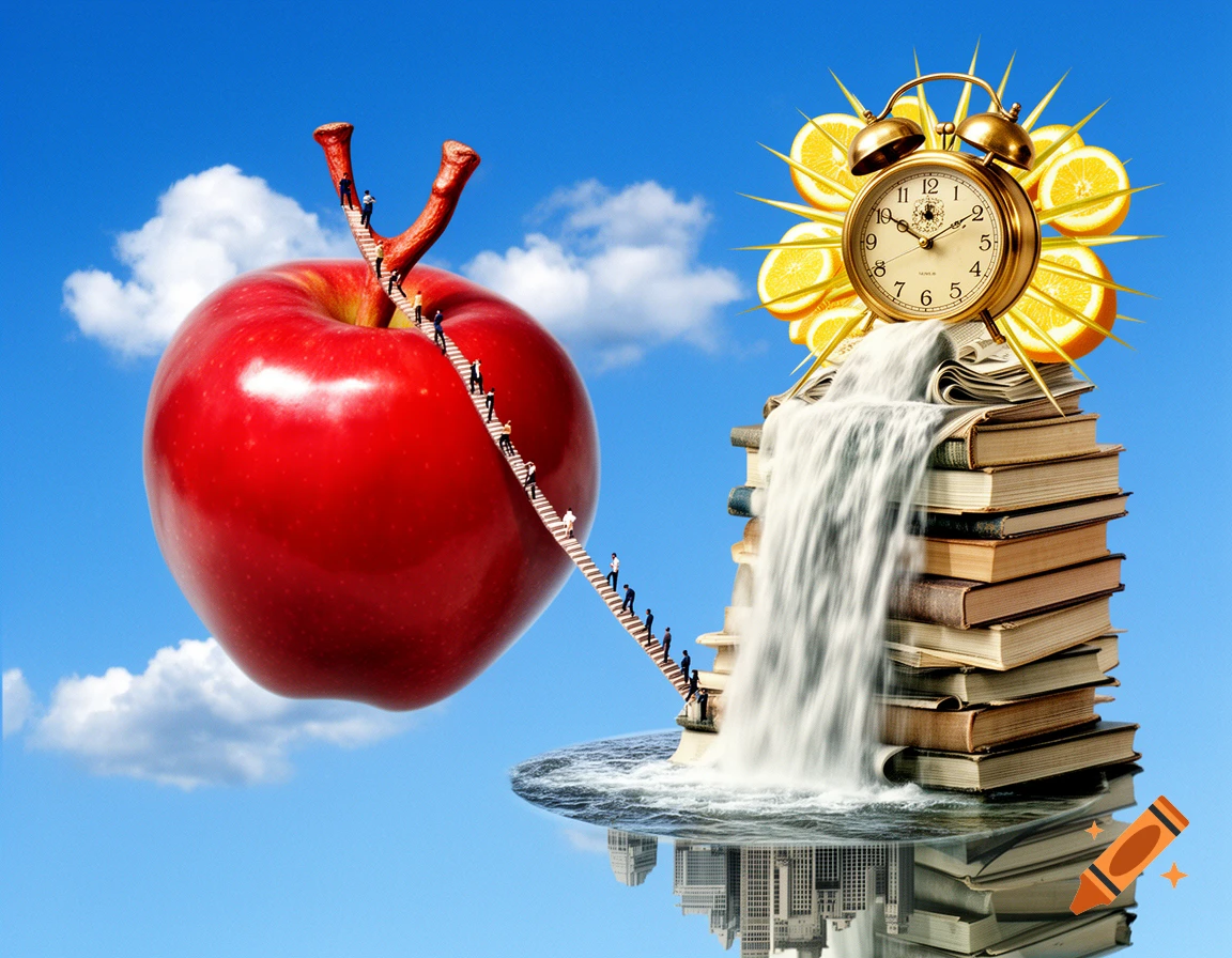 Surreal collage: tiny people climb a red apple connected to a book waterfall, alarm clock, orange slices, and a reflected city.