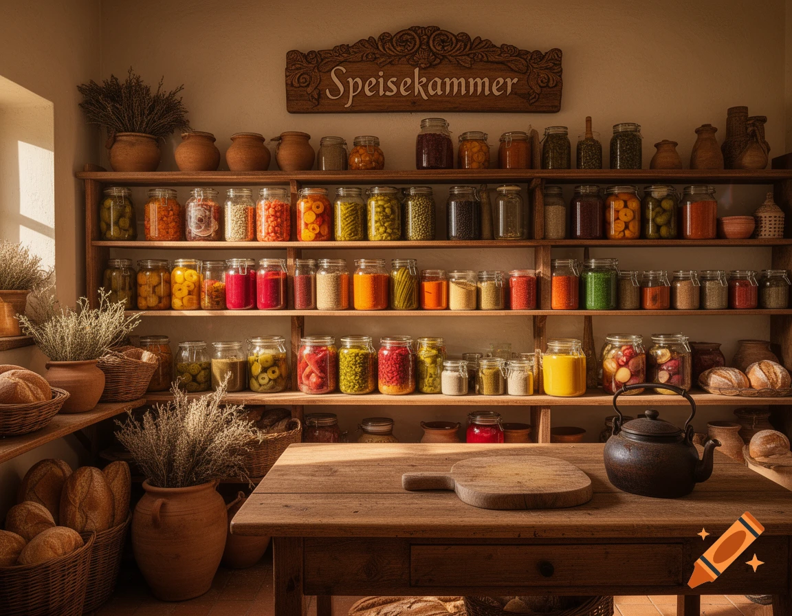Photorealistic image of a rustic pantry with wooden shelves filled with many jars of preserves, grains, and bread, and a cast iron teapot on a wooden table.