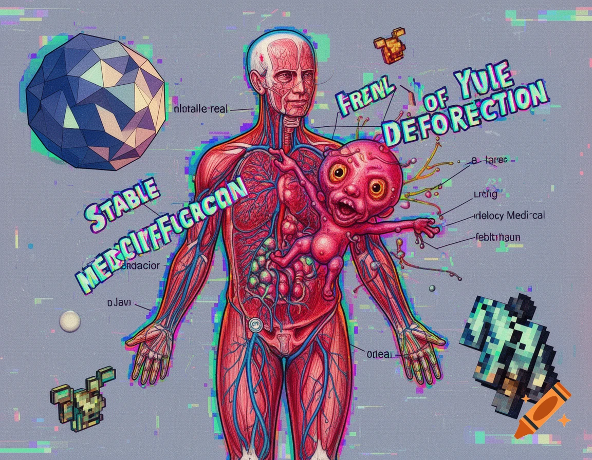 Stylized anatomical diagram of a human body with internal organs, a pink, multi-limbed creature, abstract geometric shapes, and garbled text, against a glitchy gray background.
