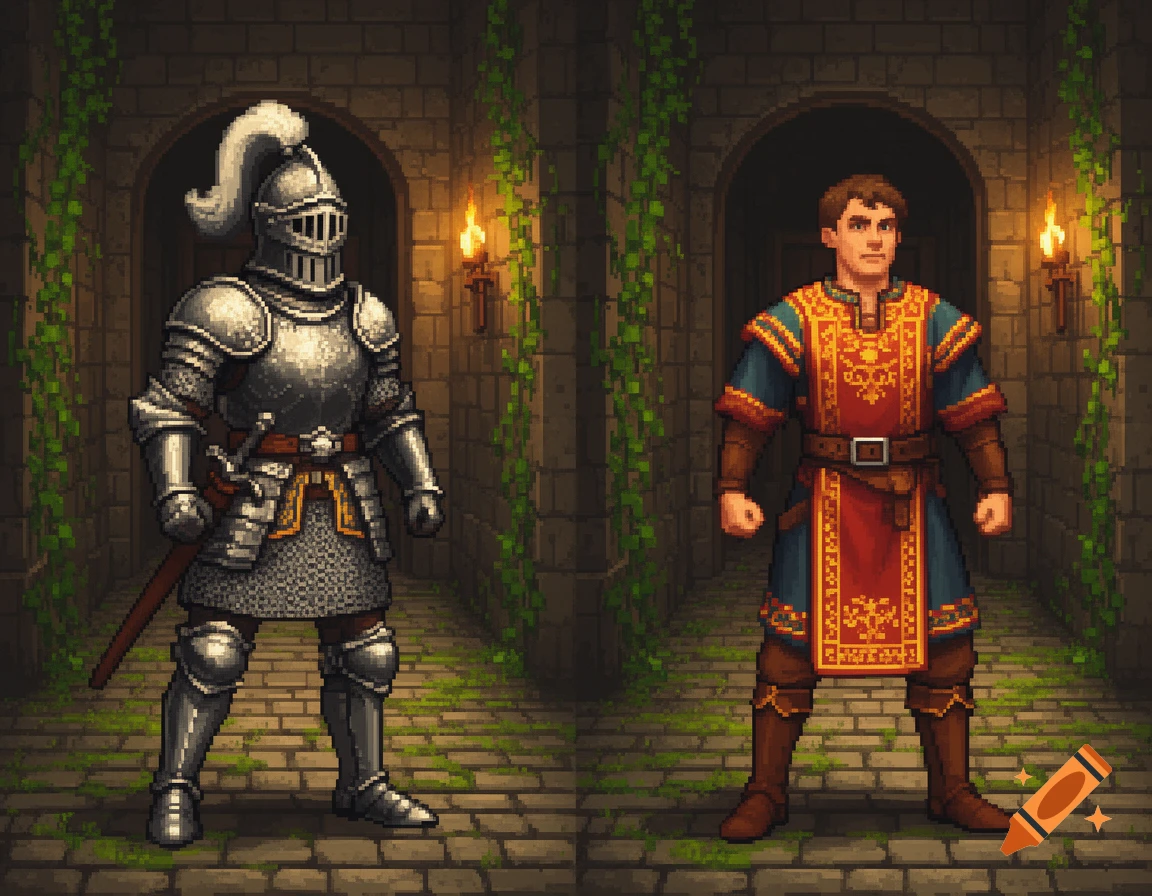 A pixel art image of a medieval knight in full armor and a man in a tunic, standing in a stone castle corridor with ivy.