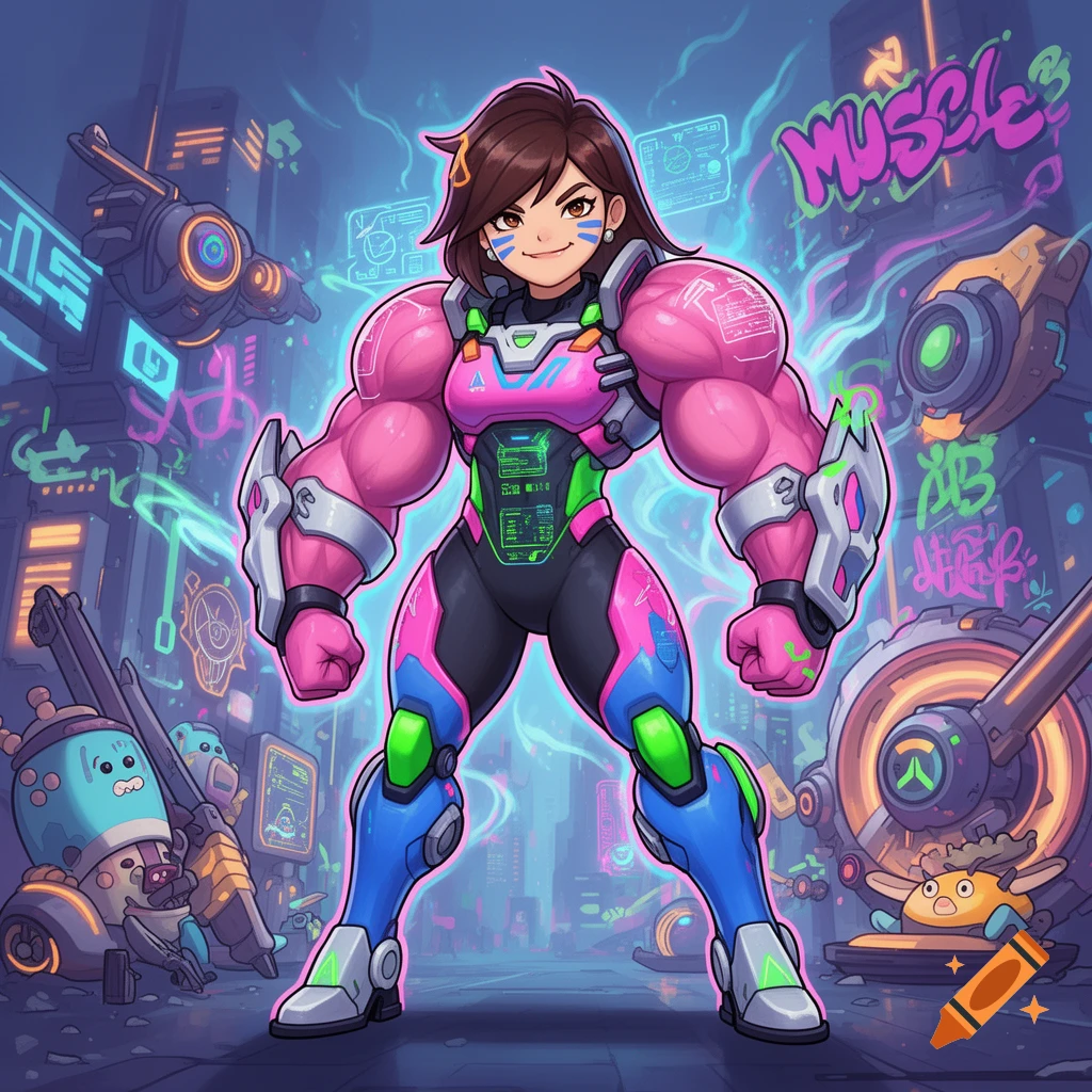 Anime style D.Va with exaggerated muscles poses confidently in a neon cyberpunk city background.
