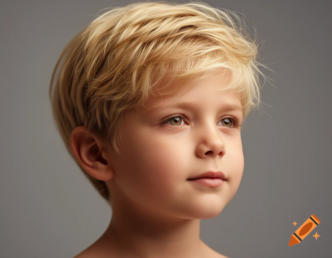 Close-up photorealistic portrait of a young blonde boy with green eyes looking to the right against a grey background.