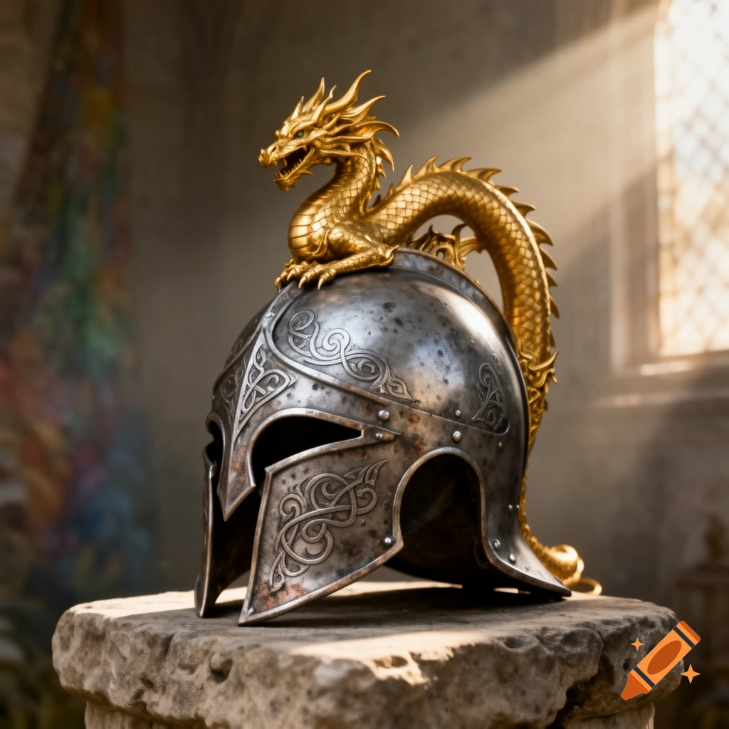 A worn silver helmet with intricate designs, topped by a golden dragon, rests on a stone pedestal in a dimly lit setting.