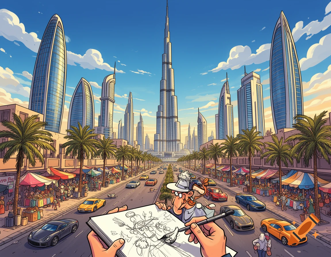 A vibrant cartoon illustration shows an artist sketching a bustling street scene in Dubai, featuring skyscrapers, palm trees, and market stalls.
