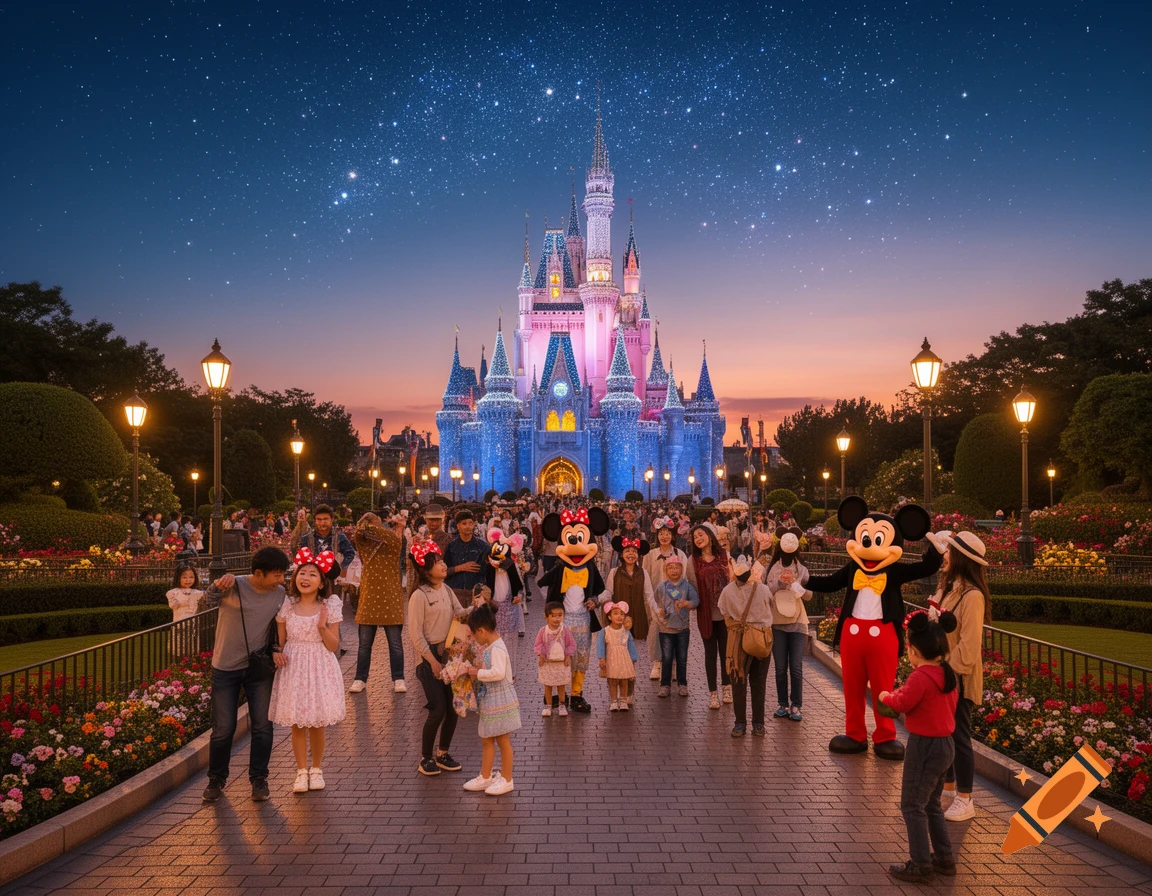 A Cinderella-like castle brightly lit in blue and pink at Tokyo Disneyland, surrounded by a lively crowd and character mascots Mickey and Minnie Mouse under a starry twilight sky.