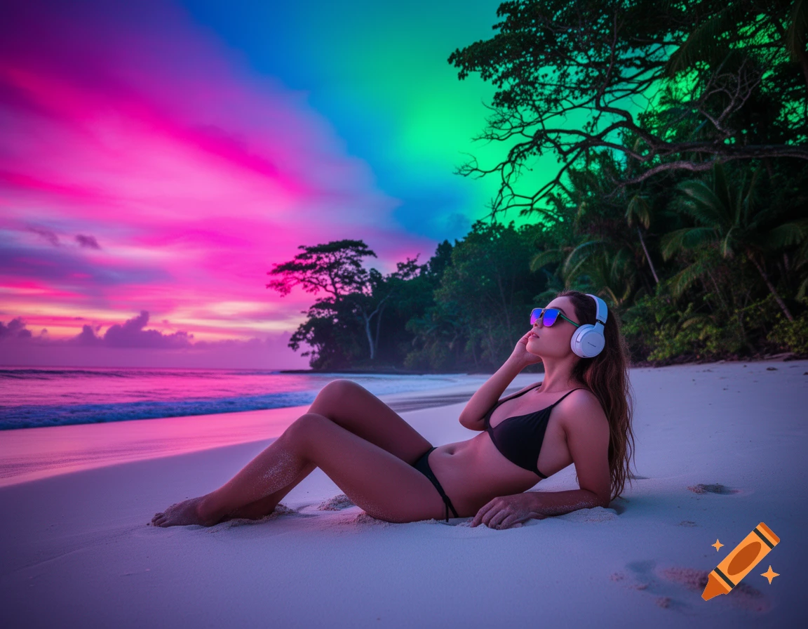 A woman in a black bikini lies on a tropical beach, listening to music with headphones under a vibrant pink and green sky at sunset.