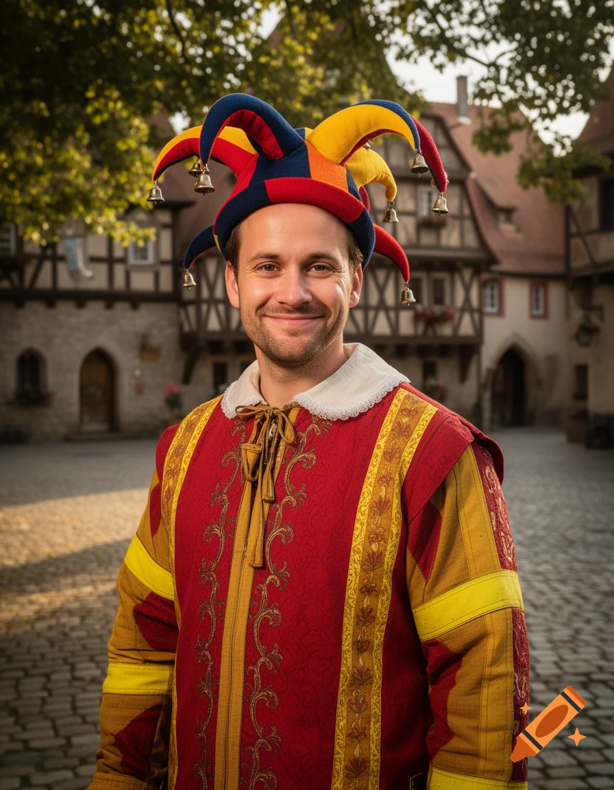 A smiling man in a colorful jester hat with bells and a red and gold medieval costume stands on a cobblestone street in front of old timber-frame buildings.