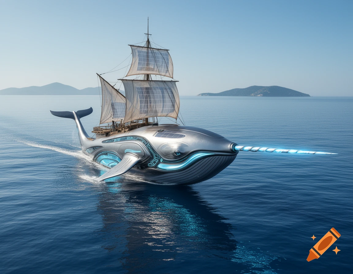 A futuristic silver narwhal-shaped pirate ship with glowing blue accents and white sails cruises on a calm ocean under a clear sky.