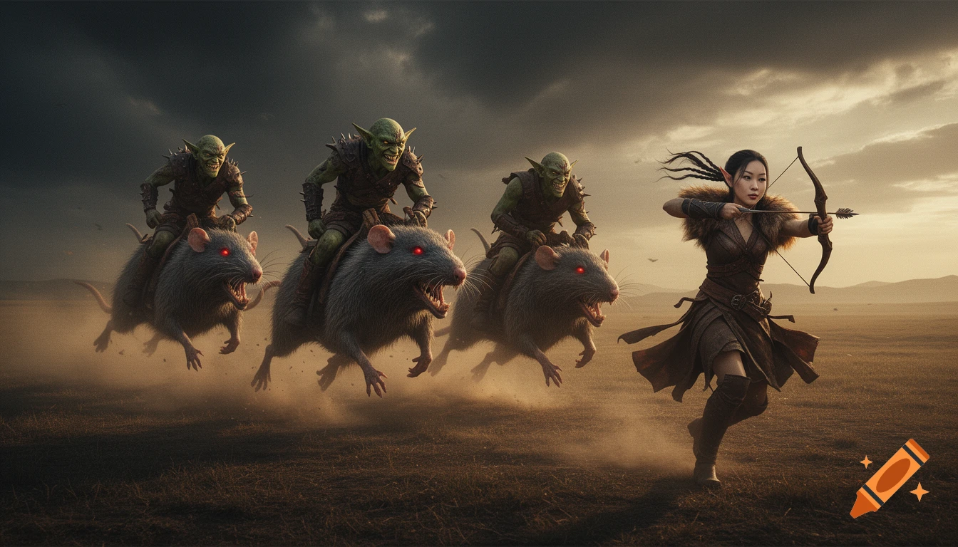 An elf archer faces three goblins riding monstrous rats across a dusty plain under a dramatic stormy sky in a photorealistic fantasy style.
