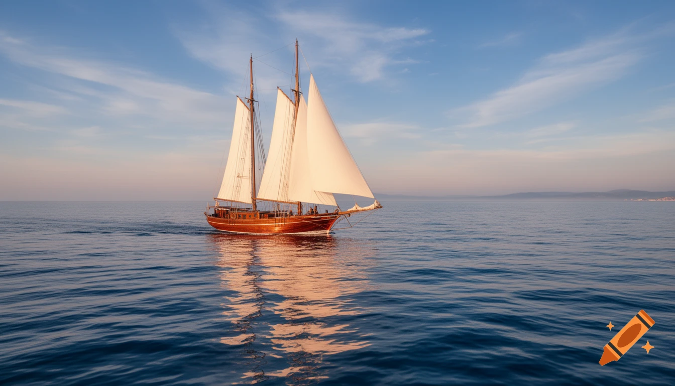 A wooden sailboat with white sails cruises on calm blue water under a pastel sky, light reflecting on the surface.