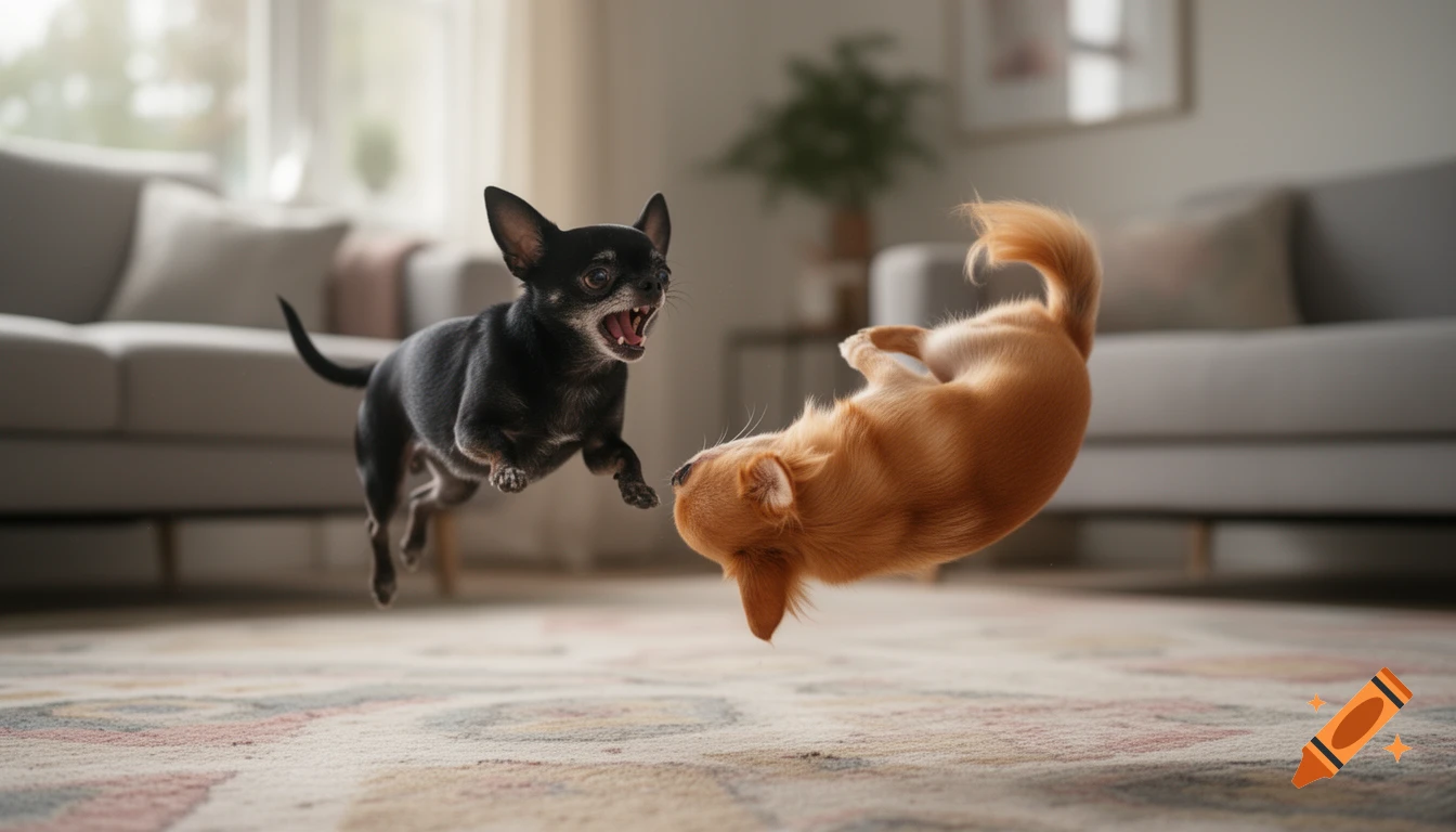 A black chihuahua leaps and barks at a fawn chihuahua doing a mid-air somersault in a bright living room.