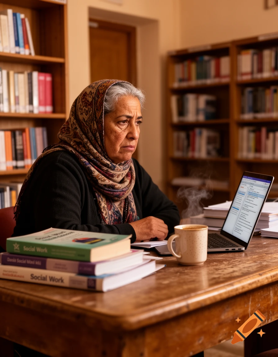 An older woman in a patterned headscarf looks tired while working on a laptop at a library desk, surrounded by books and a steaming mug.