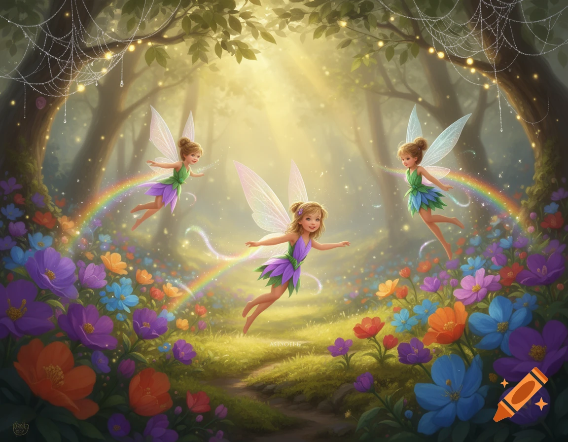 Three cute fairies fly over a path in a magical, sunlit forest. Colorful flowers, a rainbow, and glowing spiderwebs adorn the scene.