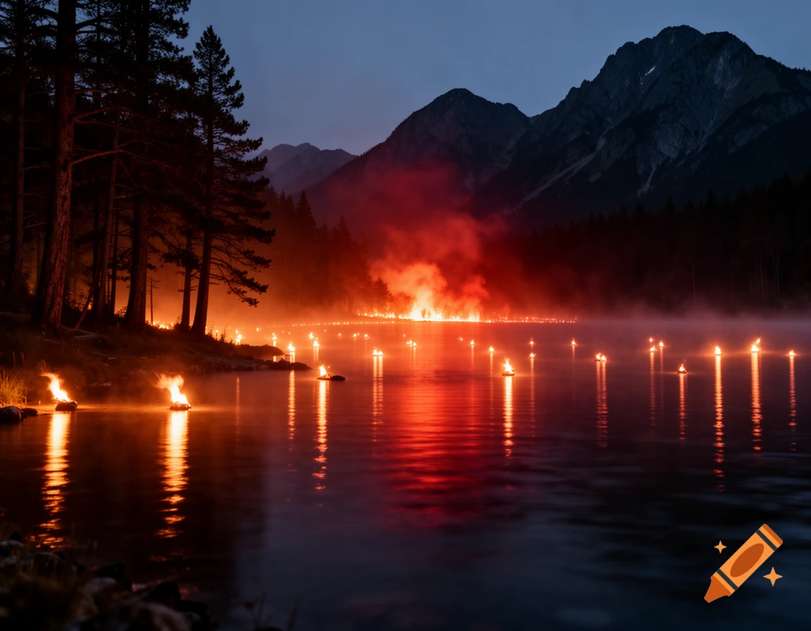 A dark mountain lake at night, illuminated by numerous small fires on the water and along the shore, with pine trees silhouetted.