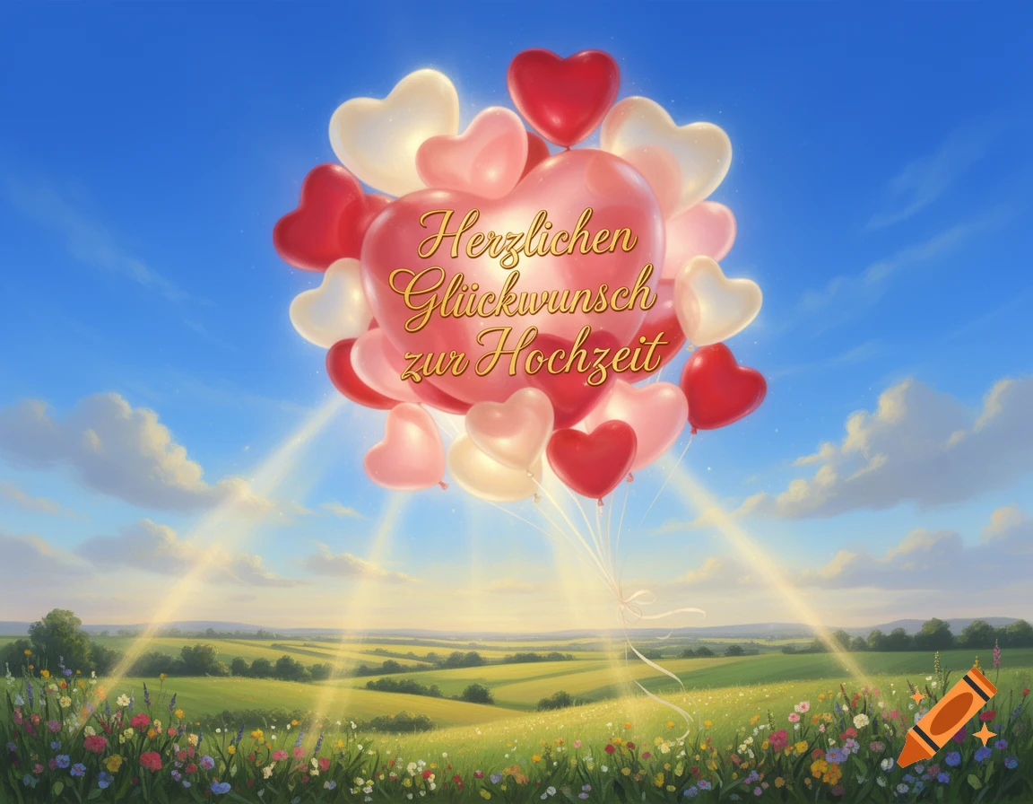 Heart-shaped balloons with 'Herzlichen Glückwunsch zur Hochzeit' float over a sunlit field of colorful wildflowers under a blue sky.
