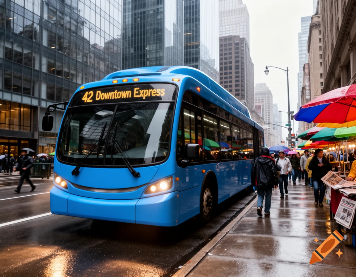 A blue '42 Downtown Express' bus on a rainy city street with pedestrians and buildings, photorealistic.