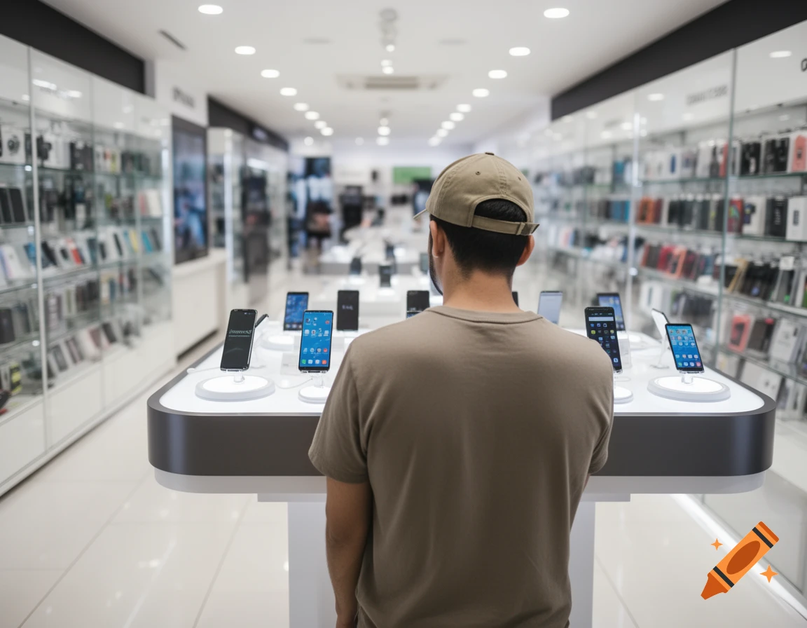 A man in a baseball cap from behind, looking at mobile phones displayed on a white counter in an electronics store.