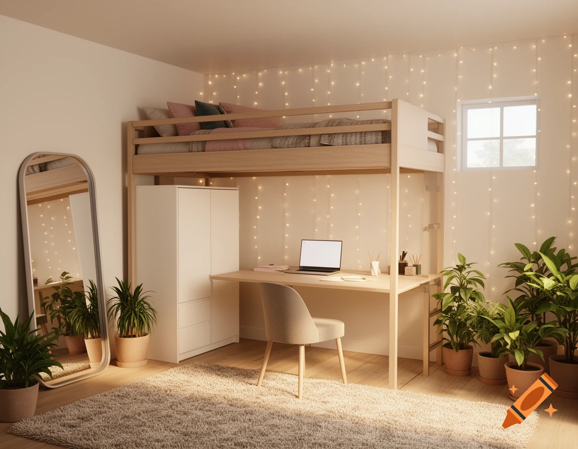 Modern teen bedroom with a wooden loft bed, desk, white wardrobe, full-length mirror, potted plants, and fairy lights.
