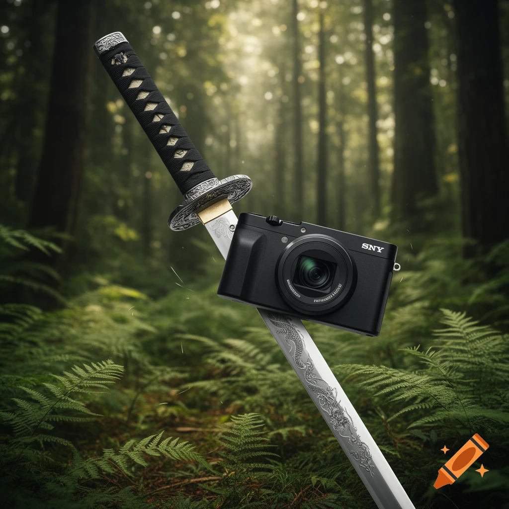 A black digital camera rests on a samurai sword blade, with a lush green forest in the background.
