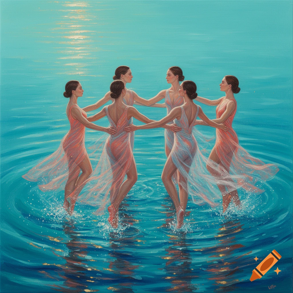 Acrylic painting of five women in sheer dresses dancing in a circle in turquoise water with moonlight reflections.
