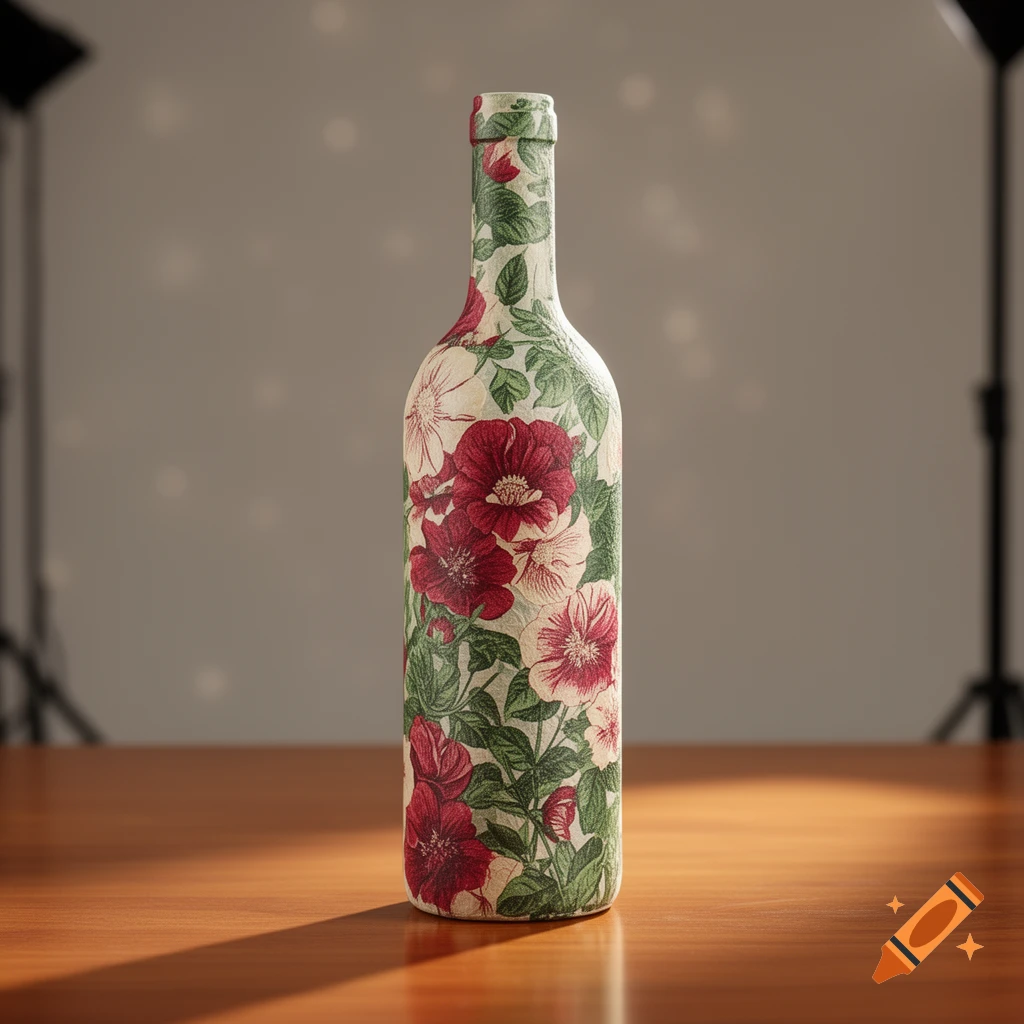 A wine bottle decorated with a detailed red and white floral pattern sits on a wooden table.