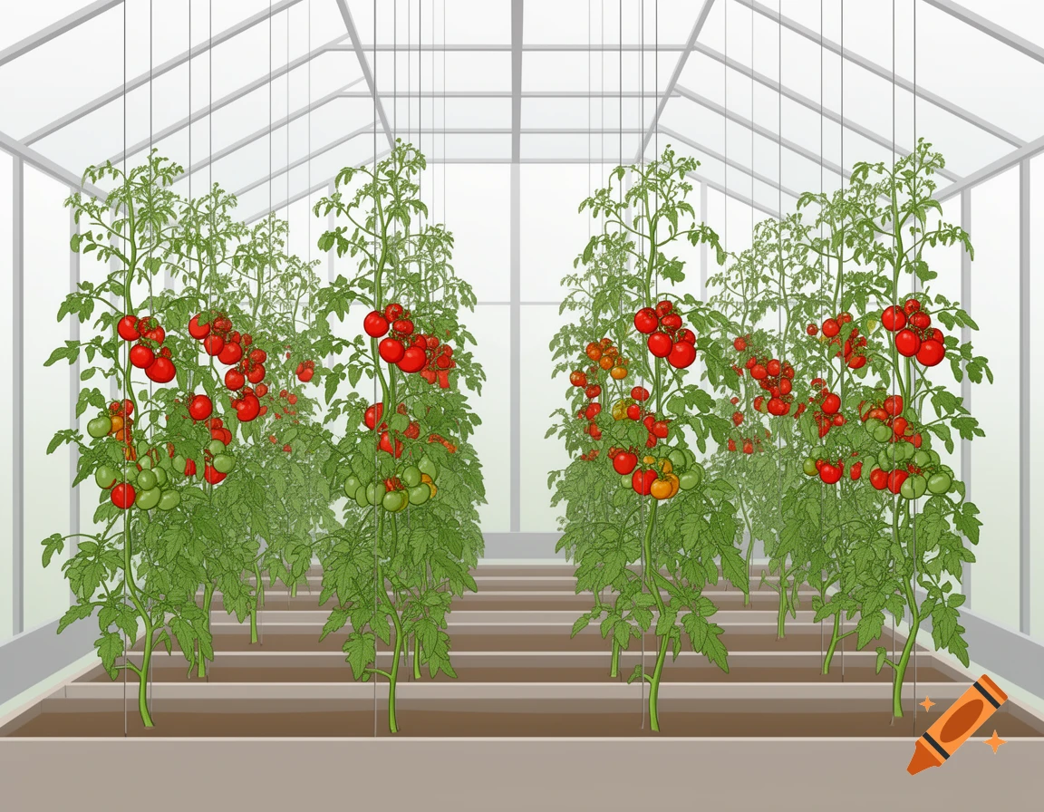 High tomato plants with ripe red and unripe green tomatoes, supported by strings inside a market garden greenhouse illustration.