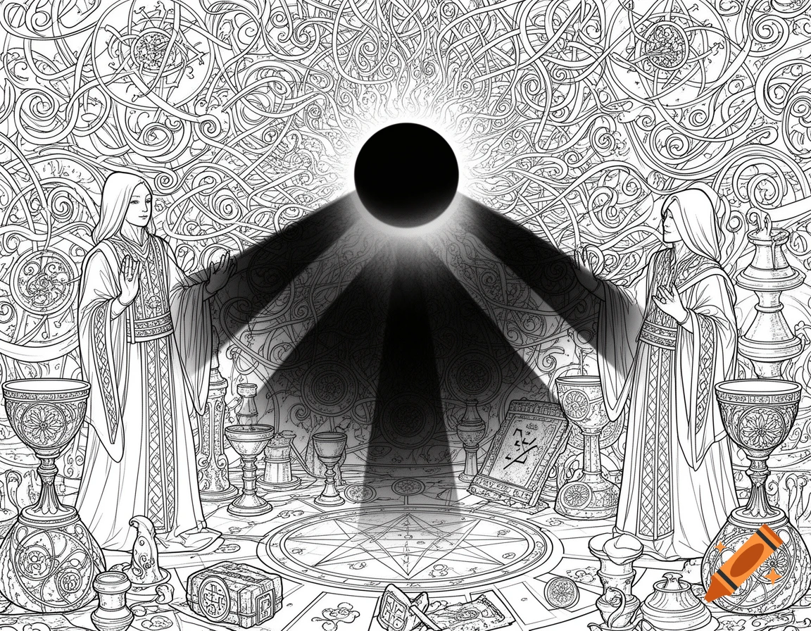 Intricate black and white line art of two robed figures performing a ritual under a solar eclipse, surrounded by chalices and occult symbols.
