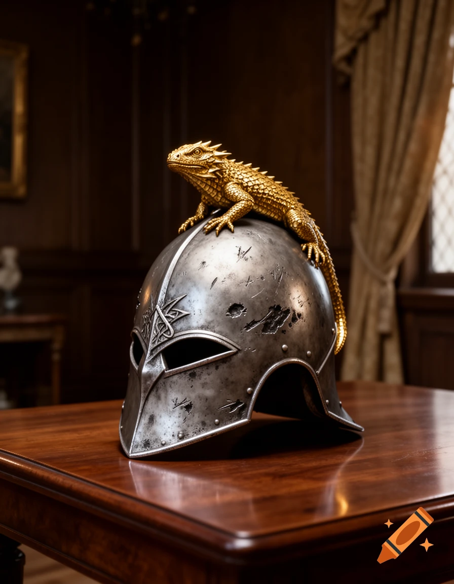 A golden spiky lizard-dragon perches on a battle-worn dark silver helmet with intricate designs, on a polished wooden table.