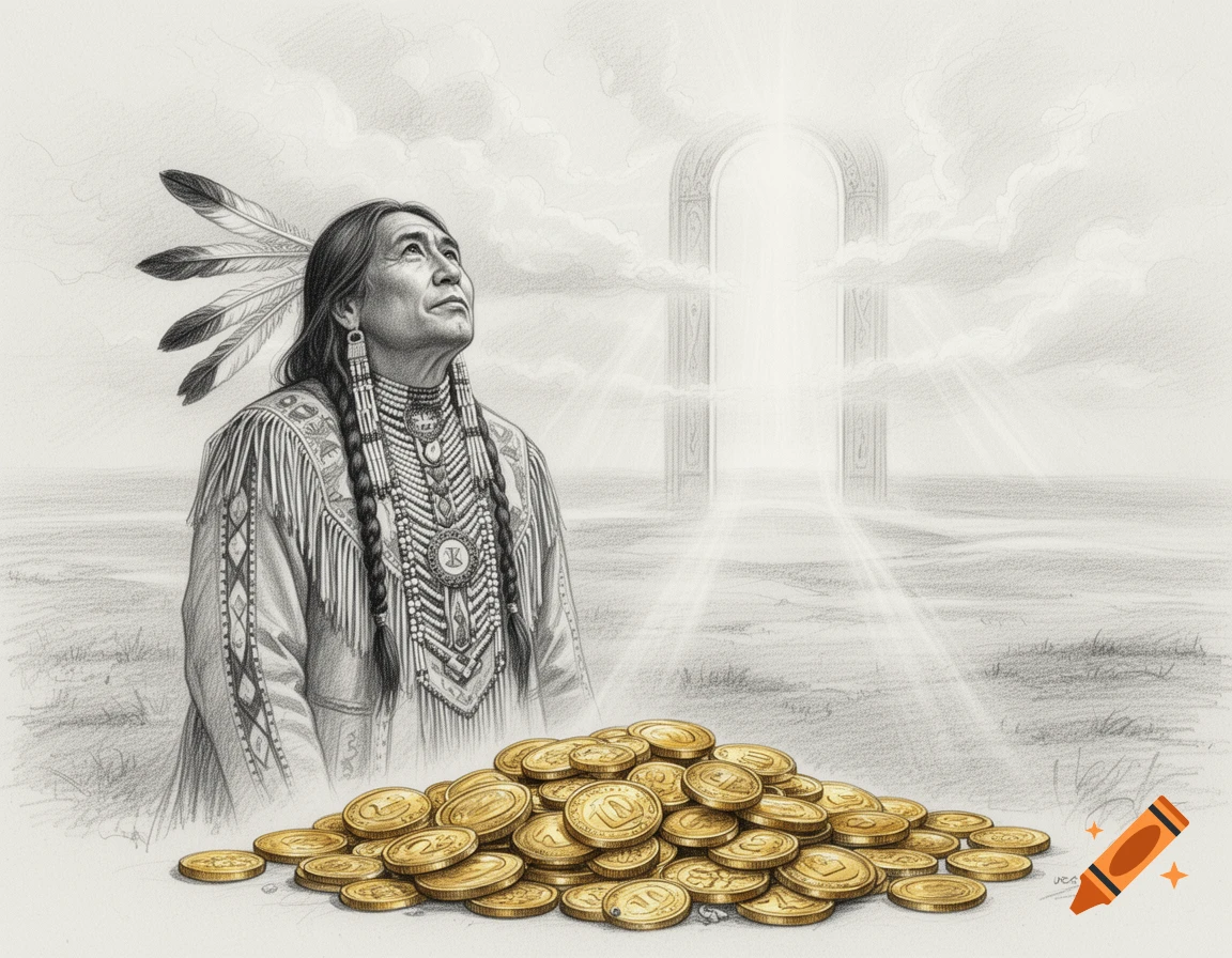 Pencil sketch of an Indigenous man in traditional attire looking up at a glowing heavenly gate, with a pile of gold coins at his feet.
